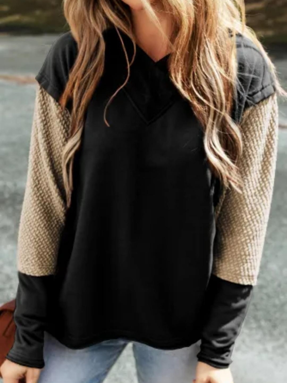 Black Hoodie Colorblock with Waffle Knit Taupe Sleeves